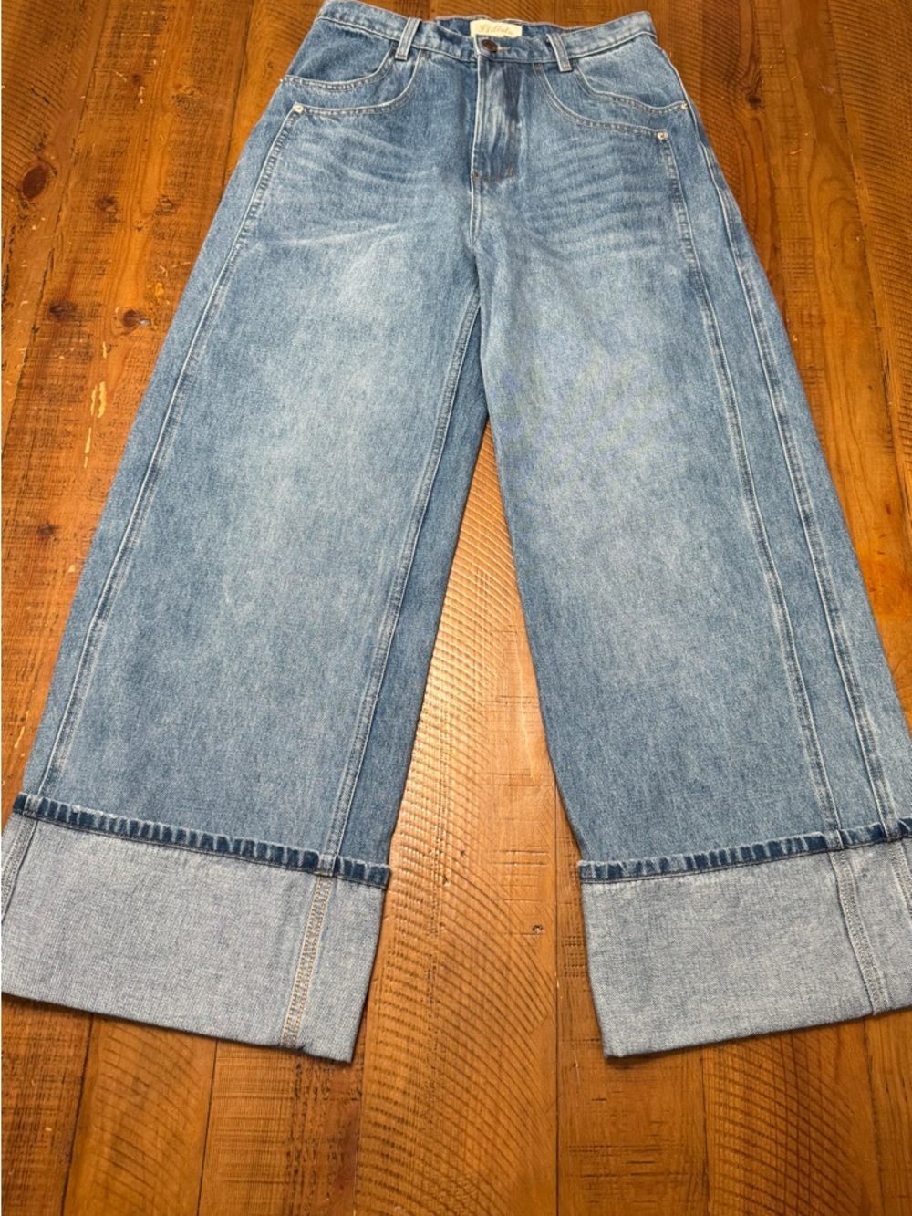 Listicle Wide-Leg Flare Jeans in Light Blue Denim with Cuffed Hem